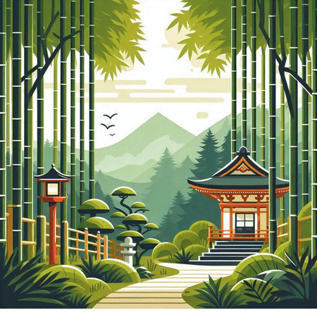Bamboo forest and japanese temple in the background, vector illustrationのイラスト素材