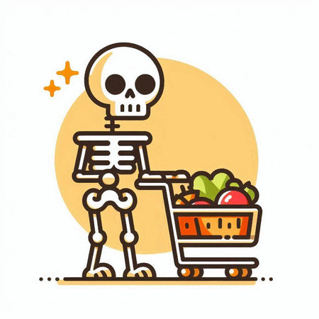 Skull with shopping cart full of fruits and vegetables. Vector illustration.のイラスト素材