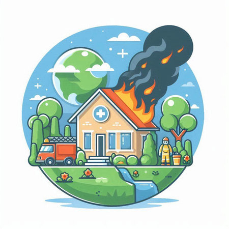 House with fire on the street. Vector illustration in flat style.のイラスト素材