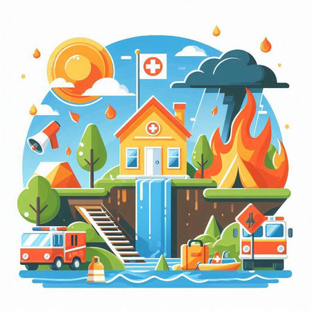 Flood disaster vector illustration. Fire in the city. Firefighters at work.のイラスト素材