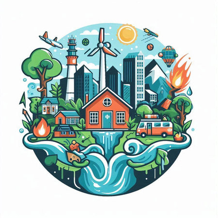Ecology concept. Vector illustration of eco-friendly city with windmills, houses and trees.のイラスト素材