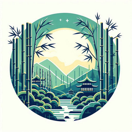 Bamboo forest and pagoda in the circle. Vector illustration.のイラスト素材