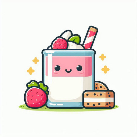 Cute strawberry yogurt in a glass, vector cartoon character illustration.のイラスト素材