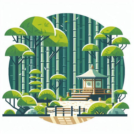 Japanese temple in the bamboo forest. Vector illustration in flat style.のイラスト素材