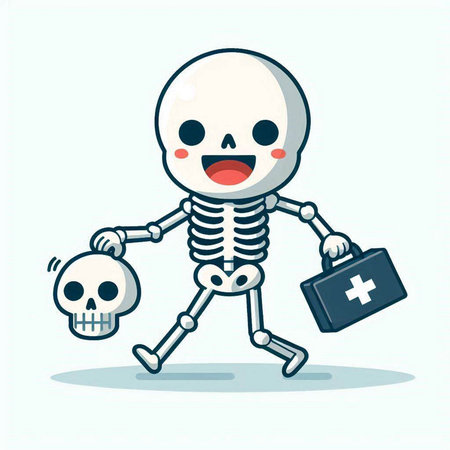 Skeleton holding a first aid kit. Vector cartoon character illustration.のイラスト素材