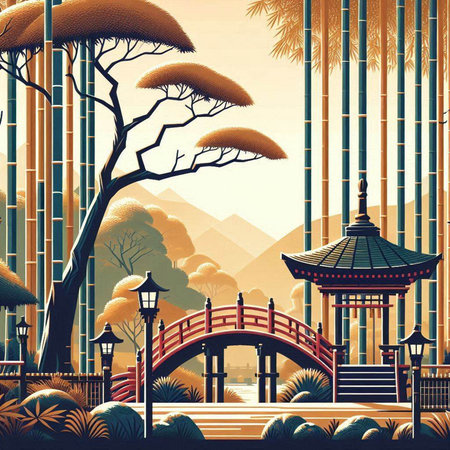 Beautiful Chinese landscape with bamboo bridge and lanterns. Vector illustration.のイラスト素材