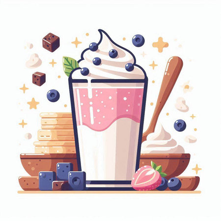 Milkshake with whipped cream and fruits. Vector illustration in flat styleのイラスト素材