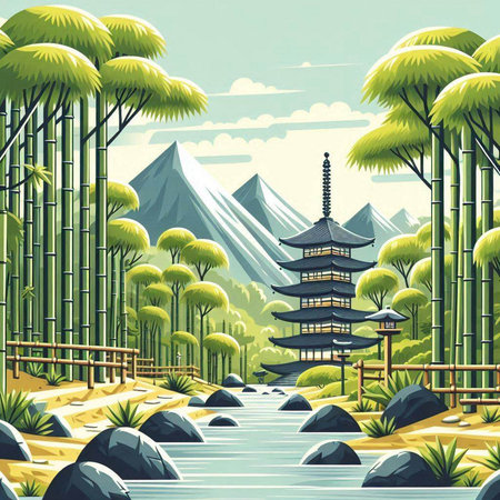 Bamboo forest with pagoda in the middle of the river illustrationのイラスト素材