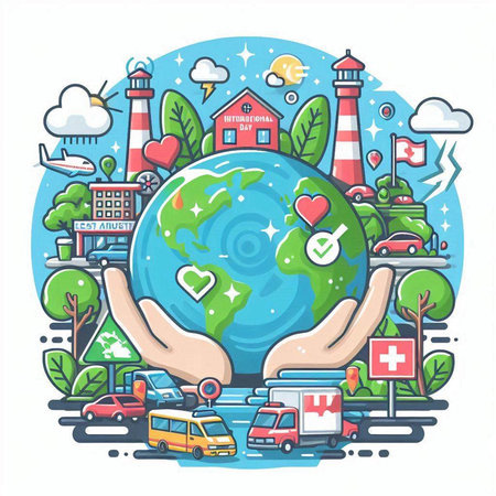 Vector illustration of World Health Day concept with hand holding earth globe, cars, houses and trees.のイラスト素材