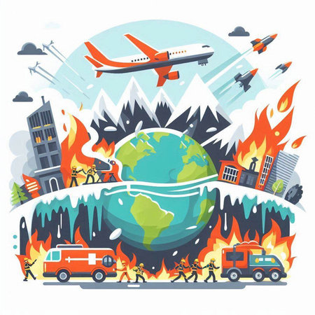 Flat vector illustration of disaster, fire in the city with airplane.のイラスト素材