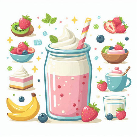 Fruit smoothies in a glass jar. Strawberry, blueberry, kiwi, strawberry, banana, whipped cream. Vector illustration.のイラスト素材