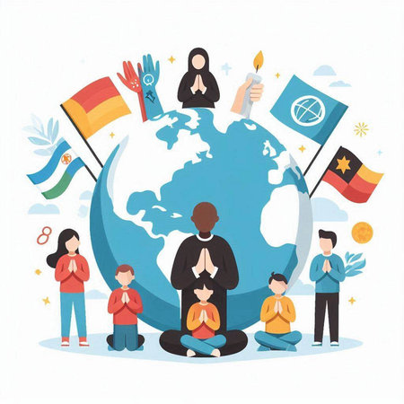 Flat design vector illustration concept for International Peace Day. Group of people praying around the globe.のイラスト素材
