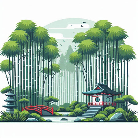 Bamboo forest and chinese pavilion in the park vector illustrationのイラスト素材