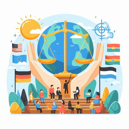International Day of Justice concept. Vector flat graphic design illustration with people, scales of justice, flags of countries.のイラスト素材