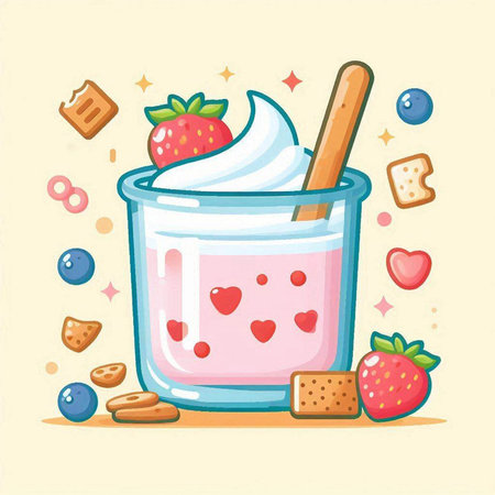 Strawberry yogurt in a glass. Vector illustration in cartoon style.のイラスト素材