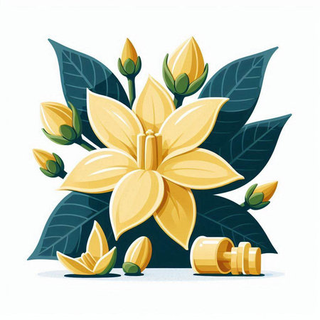 Flower and leaves. Vector illustration of a yellow flower with leaves.のイラスト素材