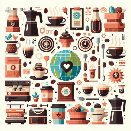 Coffee flat icons set. Vector illustration in retro style.のイラスト素材