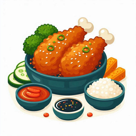 Illustration of fried chicken wings in a bowl with sauce and vegetablesのイラスト素材