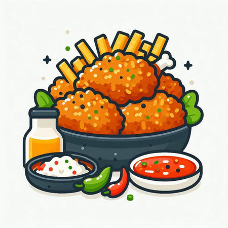 Crispy chicken nuggets in a frying pan. Fast food vector illustration.のイラスト素材