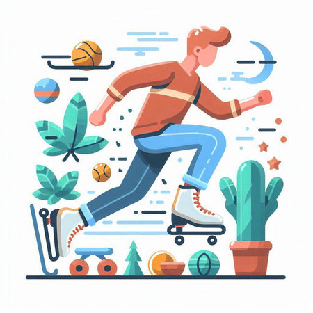 Man riding a skateboard in the park. Vector illustration in flat styleのイラスト素材