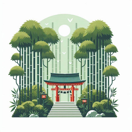 Japanese temple in the bamboo forest. Vector illustration in flat style.のイラスト素材