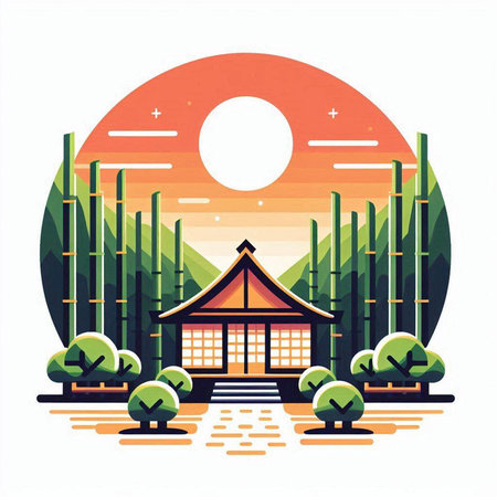 Japanese temple in the bamboo forest at sunset. Vector illustration in flat style.のイラスト素材