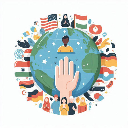 Vector illustration of people around the world with flags and symbols around.のイラスト素材