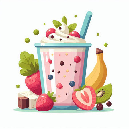 Fruit smoothie in a glass with strawberry, kiwi, banana and mint. Vector illustration.のイラスト素材