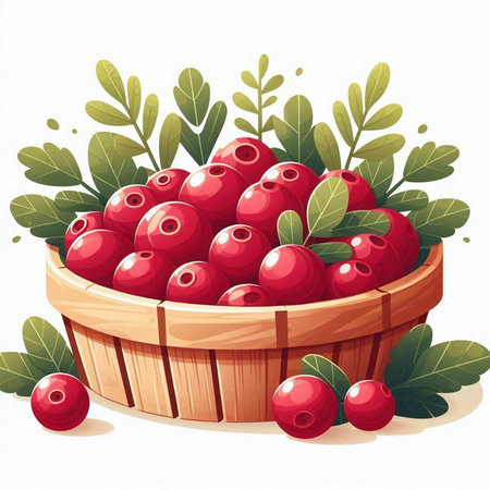 Cranberries in a wooden basket with leaves. Vector illustration.のイラスト素材