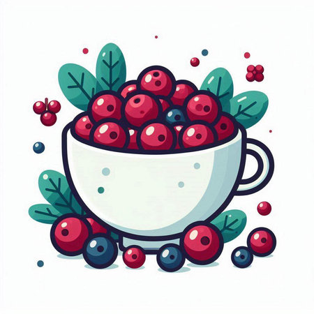 Cranberry with leaves and berries in a bowl. Vector illustration.のイラスト素材