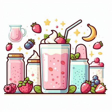 Milkshakes and smoothies in glass jars. Vector illustration.のイラスト素材