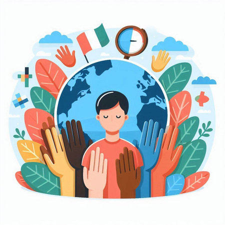 International Day of Peace. Young man with hands up around the world. Vector illustration.のイラスト素材
