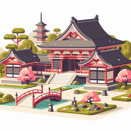 Korean traditional building in the garden. Vector illustration in a flat style.のイラスト素材