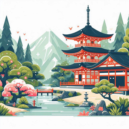 Japanese landscape with japanese temple and pond. Vector illustration.のイラスト素材