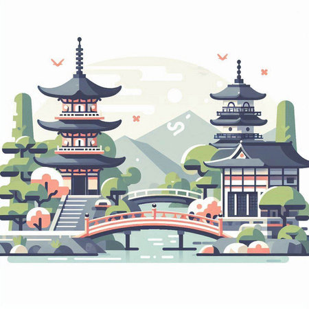 Landscape of japanese temple in flat style. Vector illustrationのイラスト素材