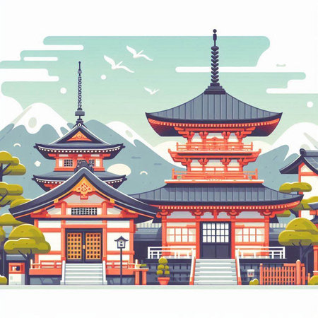 Landscape of traditional japanese architecture. Vector illustration in flat styleのイラスト素材