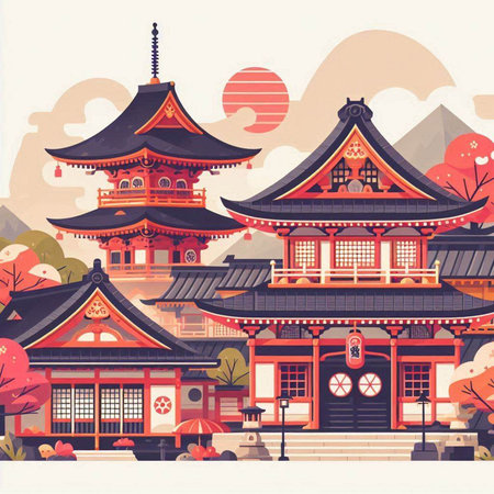 Vector illustration of a Japanese temple in the autumn season. Vintage style.のイラスト素材