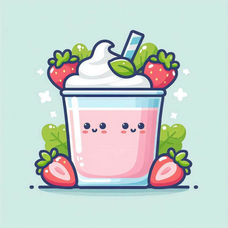 strawberry smoothie with whipped cream kawaii character vector illustration designのイラスト素材