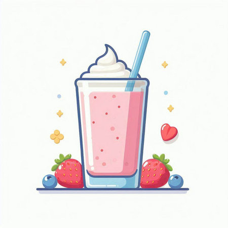 Milkshake with strawberries and whipped cream in a glass. Vector illustration.のイラスト素材