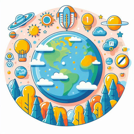 Vector illustration of the planet earth surrounded by different icons and symbols.のイラスト素材