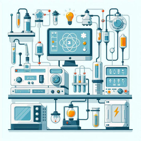 Vector illustration of laboratory equipment on blue background. Science, chemistry, biology, medicine.のイラスト素材