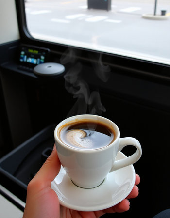 Cup of hot coffee in hand on the train, close upの写真素材