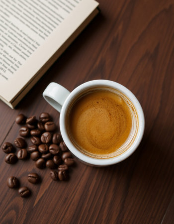 Cup of coffee with coffee beans and book on the wooden tableの写真素材