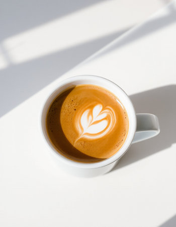 Coffee cup with latte art on the white background.