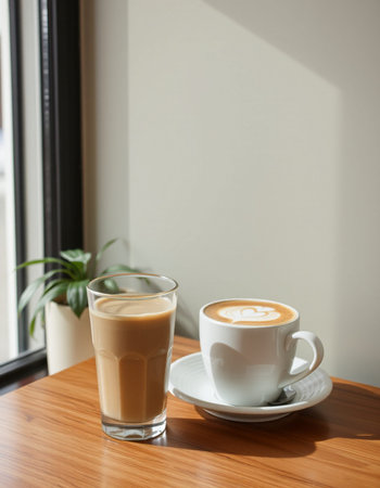 Cappuccino and latte on the wooden table in coffee shop