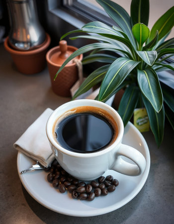 Coffee cup and coffee beans on the table, stock photo