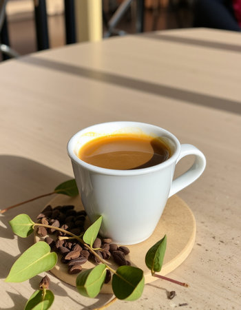 Coffee cup on wooden table in coffee shop, stock photo