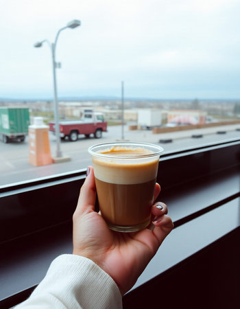 Female hand holds a cup of coffee on the background of the city