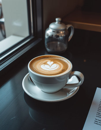Hot latte art coffee in a cup on wooden table, stock photo