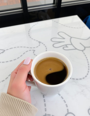 Female hand holding a cup of coffee on a table in a cafe